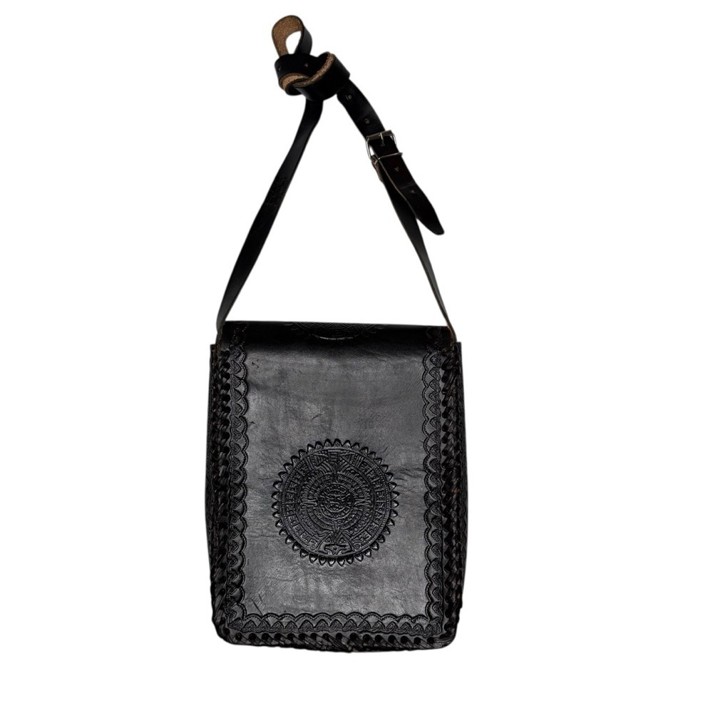 Hand Tooled Mexican Leather Crossbody Bag Black Artisan Boho Satchel OS - Picture 7 of 10